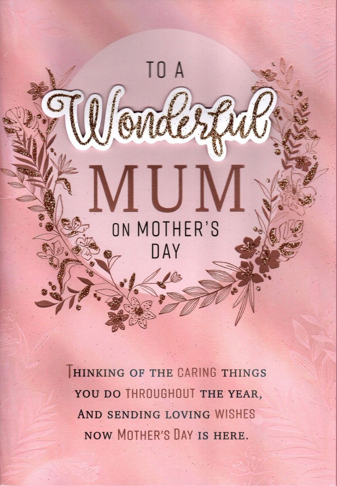 Happy Mother's Day Card - To a Wonderful Mum - Gold Foil Glitter Ferns Flowers