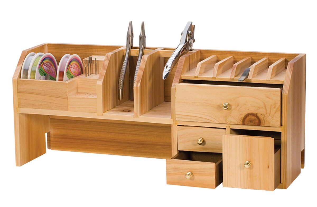 Wooden Plier Rack Organizer With Storage Drawer - Jewelry Bench Top Tool Holder, Compact & Handy