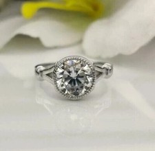 Art Deco Style Round Lab Created Diamond Engagement Bezel Ring 14K White Gold FN