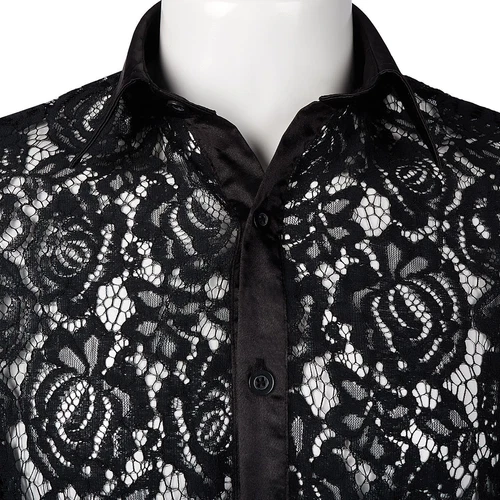 T-shirt maglietta uomo maglia pizzo trasparente floreale trasparente con bottoni nuova moda - Foto 9 di 14