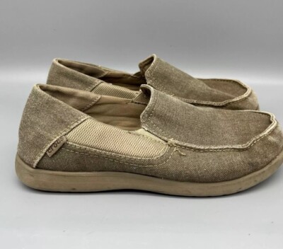 Crocs Boys Size J2 Santa Cruz Canvas Slip On Loafers Light Brown/Dark Brown 
