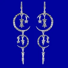 CELESTIAL CHANDELIER EARRINGS crystal rhinestone crescent moon star glam 5V