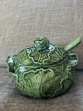 Vintage Ceramic Cabbage Lettuce Bowl Tureen with Lid & Spoon