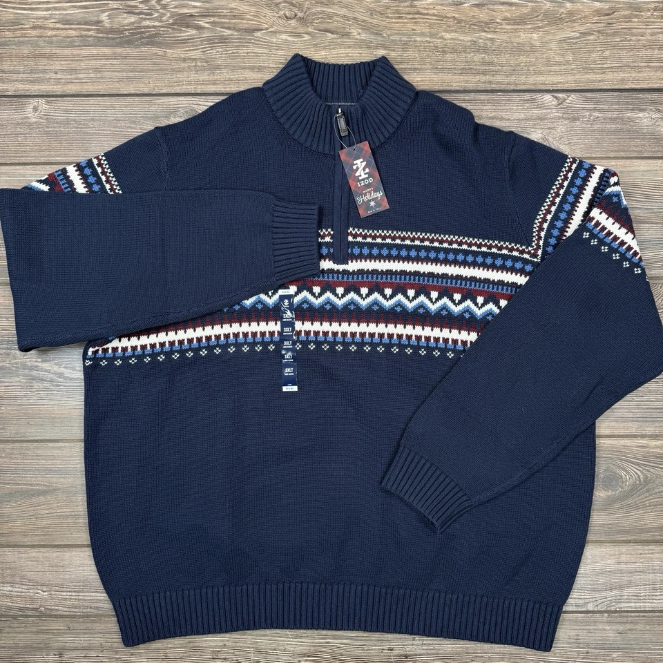Izod Mens Classic Fit Fairisle Quarter Zip Holiday Sweater Navy Size 3XLT NWT - Image 2 of 4