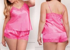 Women s Pink Satin-Style Lingerie Set 2-Piece Cami Shorts Lace Trim Sleepwear