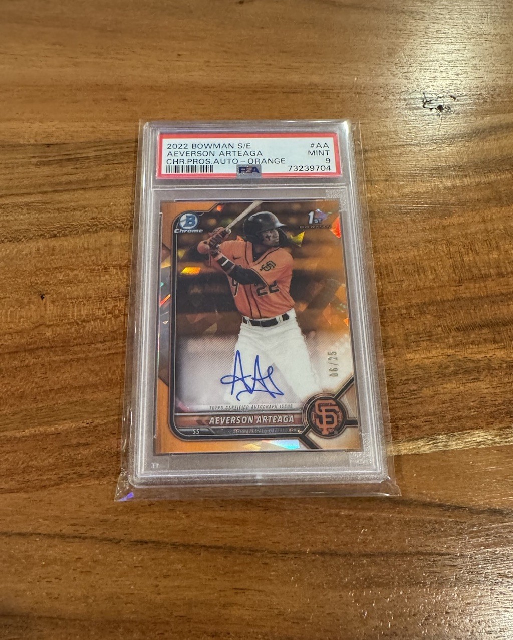 Aeverson Arteaga 2022 1st Bowman Chrom Orange Sapphire Refractor /25 Auto PSA 9
