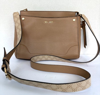 Nine West Taupe Tan Crossbody Bag, Pebbled Faux Leather, Monogram Strap, EUC