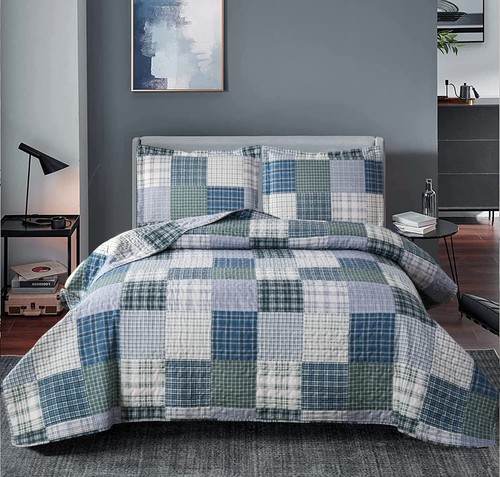 Plaid Quilt Set King Size Patchwork Quilts Bedding Plaid Reversible Bedspread...