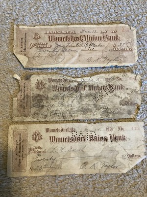 Vintage Womelsdorf Union Bank Checks Used X3 From 1910 & 1911 Ephemera Lot