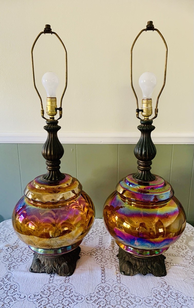 Vintage MCM Large Amber Glass Table Lamp Hollywood Regency