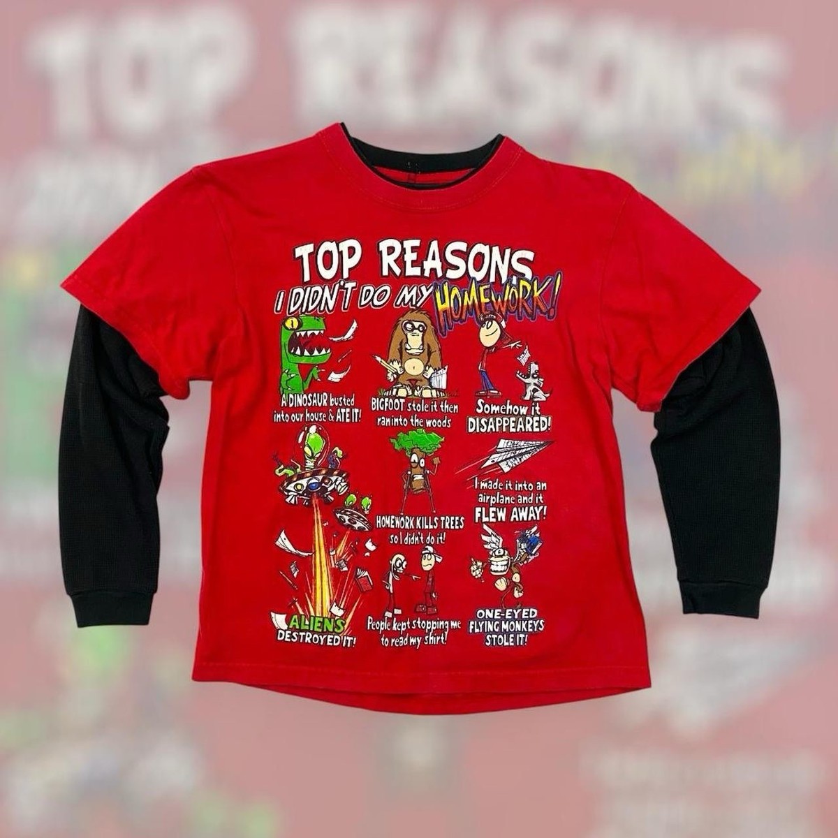 VTG 00s Y2K Hybrid Tees Funny Novelty Thermal T Shirt YOUTH M Red