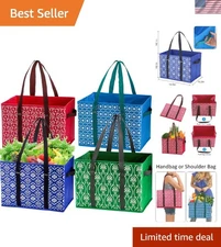 Foldable 4 Pack Reusable Shopping Bags - Large with Reinforced Handles for Ease