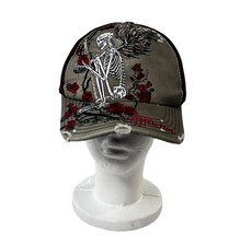 Affliction Hat Cap Snap Back Black Skull Rose...