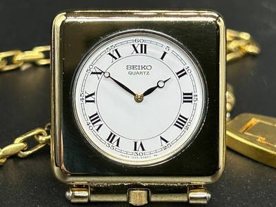 N MINT Vintage SEIKO 1400-1130 Gold Square Roman Pocket QZ Watch