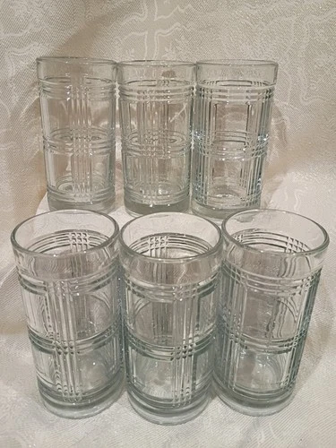Six Vintage MCM Anchor Hocking ABERDEEN GLEN PLAID Tumbler Glasses 16 oz, 6⅛" H