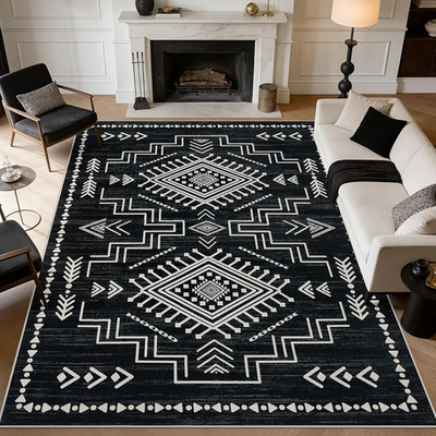 Moroccan Black & White 6x9 Washable Area Rug, Non-Slip Geometric Design