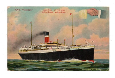 RMS CORSICAN, ALLAN SHIP LINE, ARTIST IMAGE, HANDS ACROSS THE SEA ~ used 1913