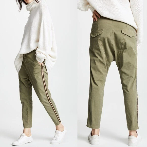 Nili Lotan Paris Drop Crotch Tape Trim Side Stripe Sage Green Pants Size 0