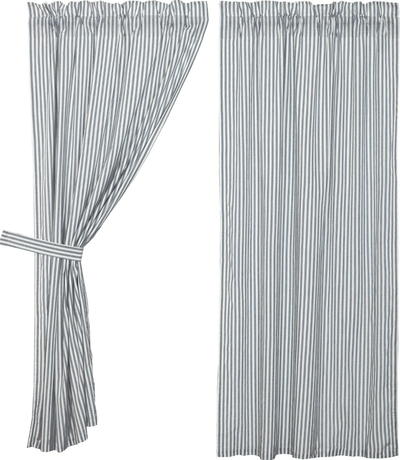 63"L Denim Blue White Ticking Stripe Farmhouse Curtains Sawyer Mill w/ Tie Backs