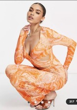 Ladies ASOS orange marble stretch plunge midi bodycon dress Size 12
