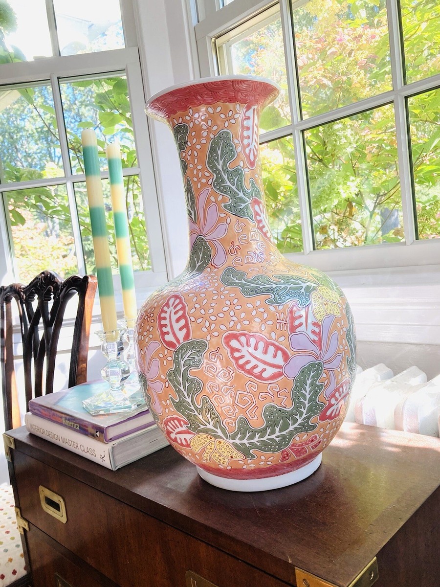 Large Chinese Floor Vase, Vintage Chinoiserie, Peach/Pink/Green Design
