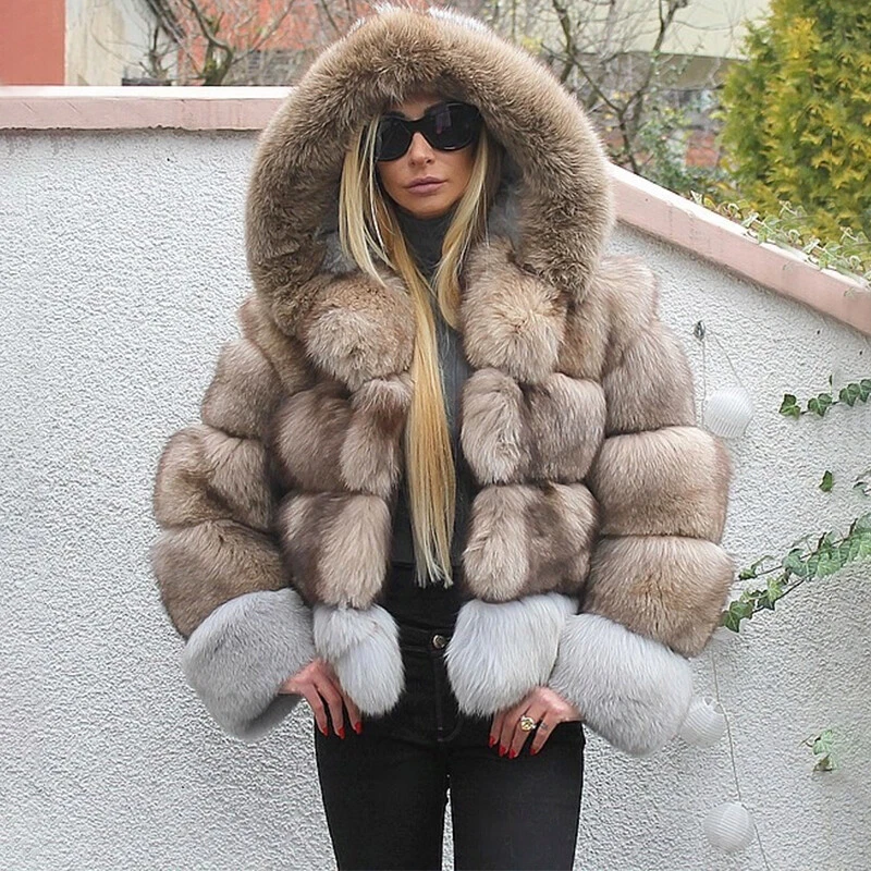 Women Short Real Fox Fur Coat Hooded Natural Fur Warm Jackets Full Pelt Overcoat