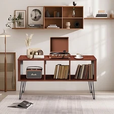 Walnut Vinyl Record Player Stand, Detachable Legs, Holds 320 LP Albums