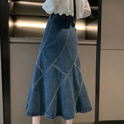 Women's Fashion Casual Loose Fit A Line Pleated Skirt Denim High Waist Skirt - Picture 4 of 4