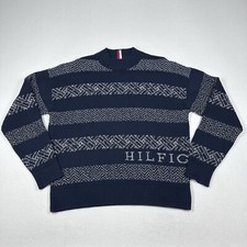 Tommy Hilfiger Blend Jumper Oversized Spellout Logo Mens Sz M Blue 100 Cotton