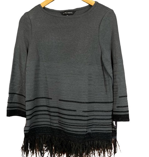 MING WANG GRIS CON DETALLES NEGROS SUÉTER FLECOS PLUMAS TALLA XS NUEVO CON ETIQUETAS 17.5 PIT 2 PIT - Imagen 2 de 8