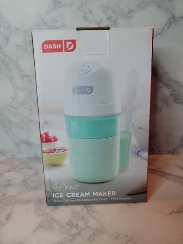 Dash My Pint Ice Cream Yogurt Sorbet Maker Aqua & White With Mixing Spoon New