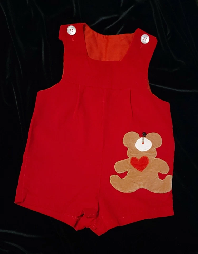 Vintage Romper Shortall Red Embroidered Holiday Boys 18 mo Teddy Bear USA Made - Image 3 of 4