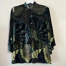 Citron Santa Monica Women's Peacock Button Front 3/4 Sleeve Blouse Black Small