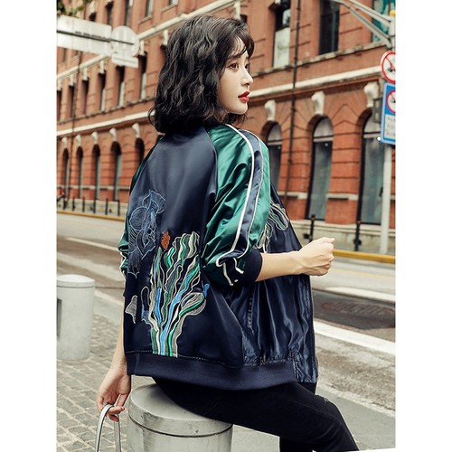 Autumn Spring Womens Embroidery Long Sleeve Baseball Coat Jackets Short Outwears