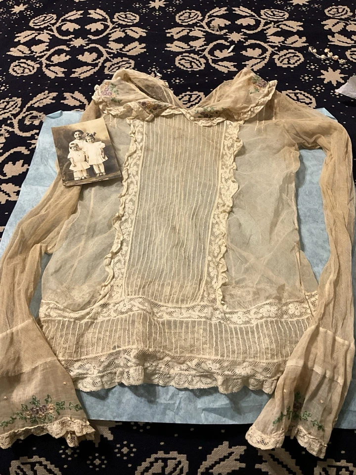 Impresionante Blusa Antigua Eduardiana Años 1900 Red Encaje Voile Corpiño Top Cintura Camisa Foto 2 de 4