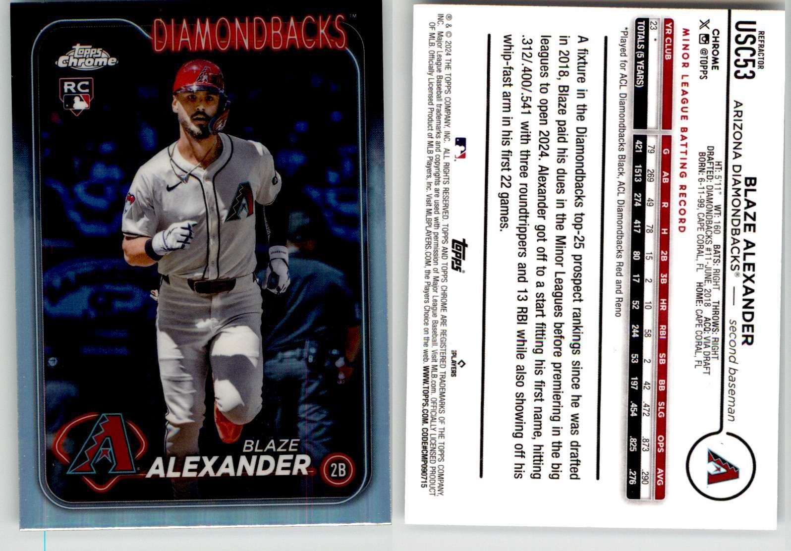 Blaze Alexander 2024 Topps Chrome Update Refractor USC53 Diamondbacks RC