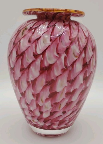 Signed PEACOCK ART GLASS 2009 Studio Designed Vase 5.5" Pinks White Ambers Heavy - Picture 4 of 16