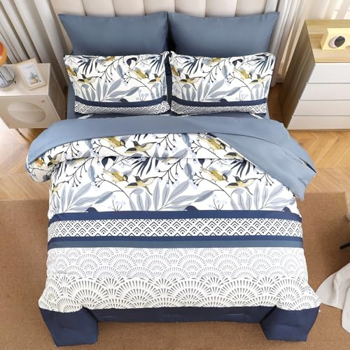 Size Comforter Set, 7 Pieces Boho Comforter for Bed, Leaves King Blue - Bild 4 von 6