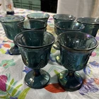 8 Vintage Blue Iridescent Carnival Glass Goblets Set Harvest Grape Indiana 1970s
