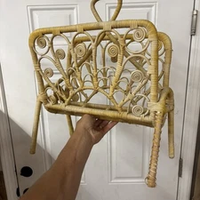 Vintage Mid Century Bent Bamboo Rattan Magazine Rack Boho Wood Storage 17x9x2qh