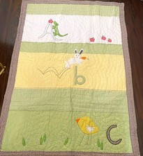 Pottery Barn Kids Crib Quilt Green Gingham Animals Cotton ABC s 36x50