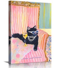 Funky Black Cat With Martini Canvas Wall Art Pink Dopamine Bar Cart Wall Deco...