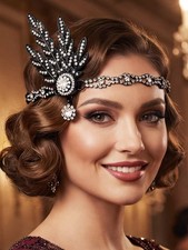 Black 1920s Flapper Headpiece Rhinestone Headband Roaring 20s Hair Accessory