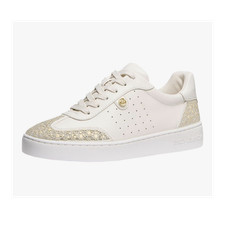 Michael Kors Scotty Leather Lace Up Sneakers White Gold Glitter Logo Low Top