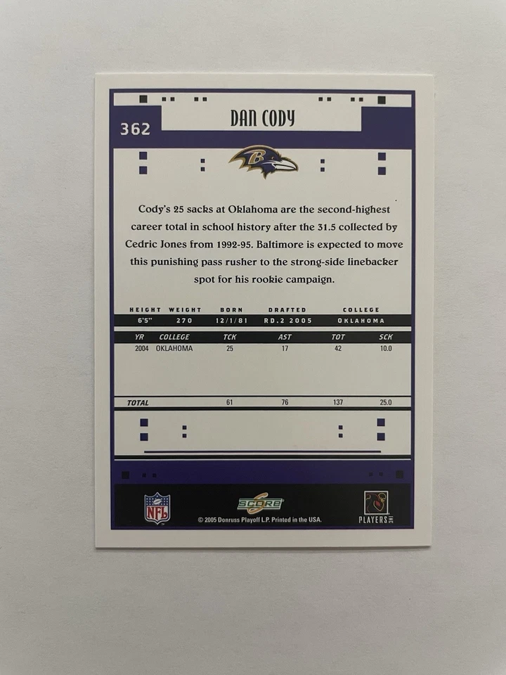 2005 Score Dan Cody Rookie Card. Baltimore Ravens - Image 2 of 2