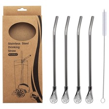 Stainless Steel Spoon Straws, 4-Piece Set with Filter, Reusable Drinking Stra...