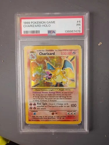 1999 Pokémon Base Set Charizard Holo #4 – PSA 1 – Unlimited – Vintage WOTC