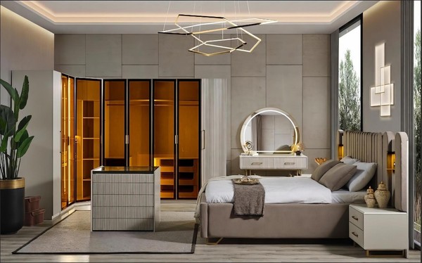Schlafzimmer Set Bett Schrank Kommode Frisiertisch Spiegel Beige Edel-image