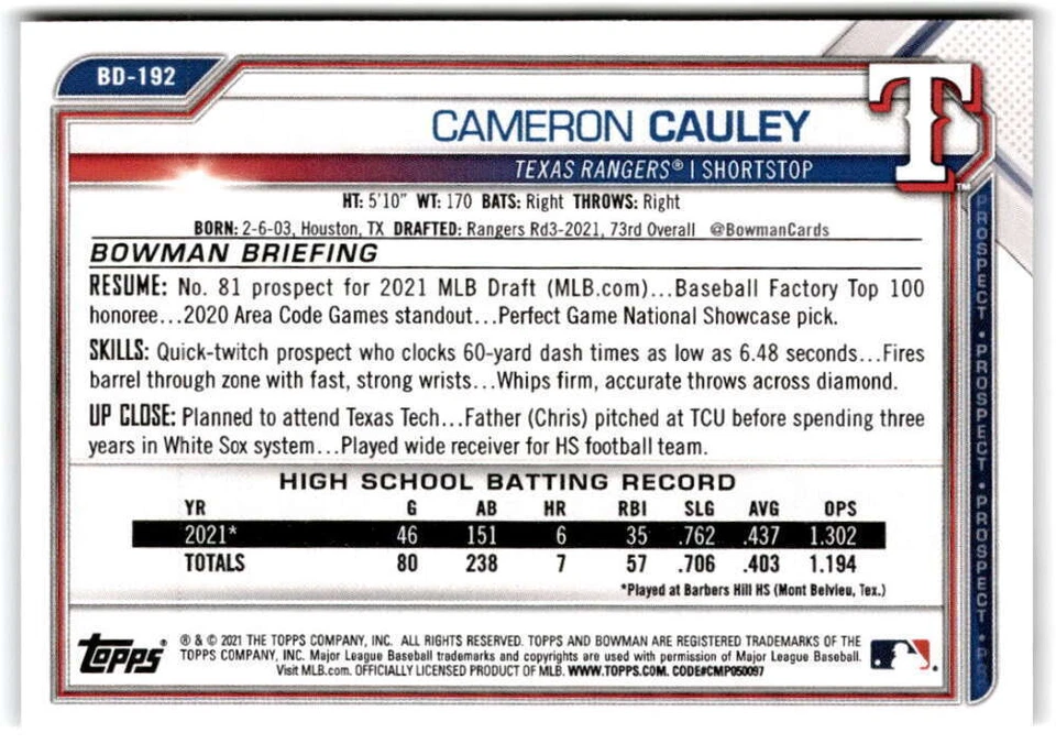 2021 Bowman Draft 1st Edition #BD-192 Cameron Cauley  1st Bowman Texas Rangers - Image 2 of 2