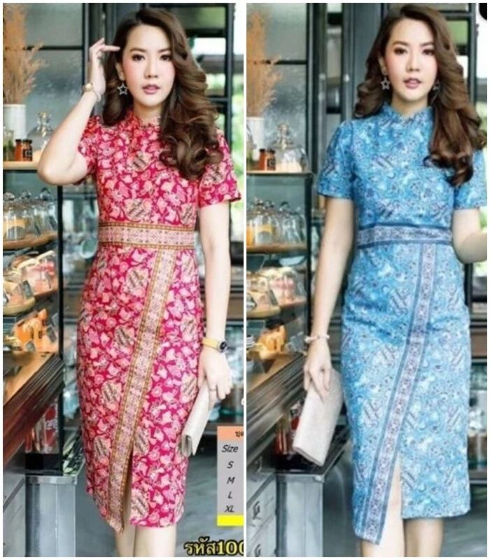 Thai Dress Traditional Skirt Batik Women Top Set Casual Elegant